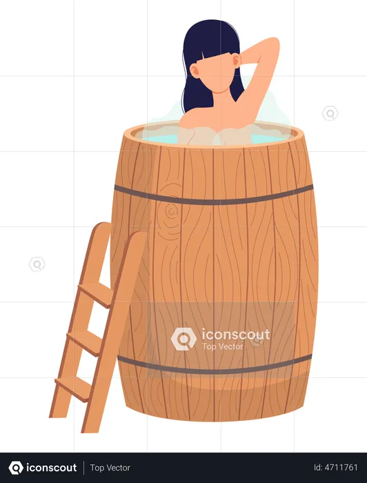 Lady standing in wooden tub with hot water  Illustration