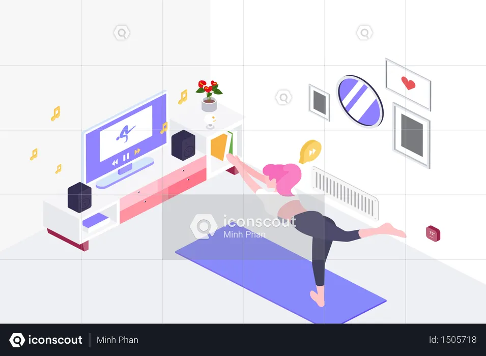 Lady start to training Yoga by follow coach in television in living room  Illustration
