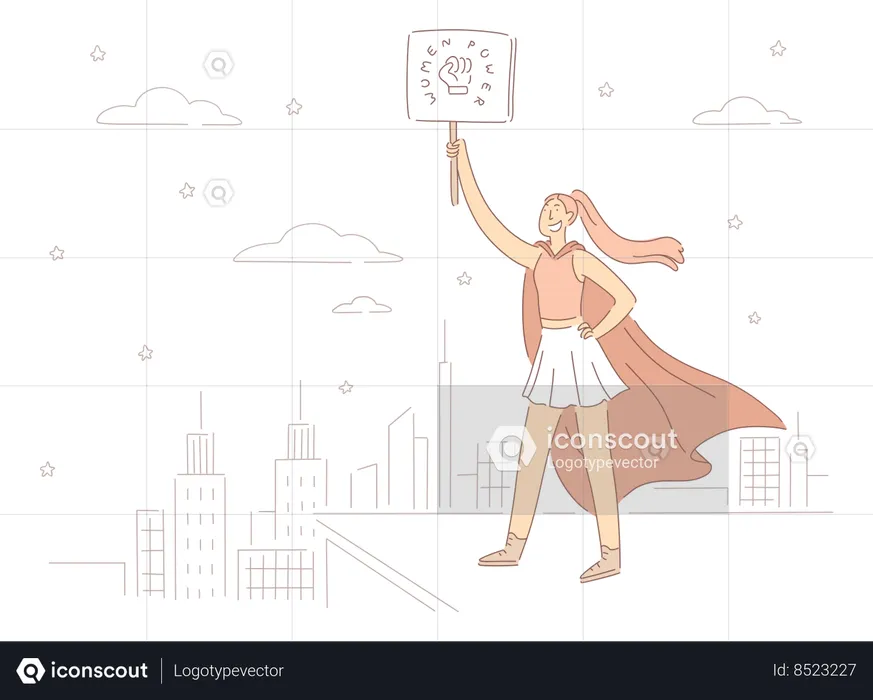 Lady Superhero In Cape Holding Placard With Fist  Illustration