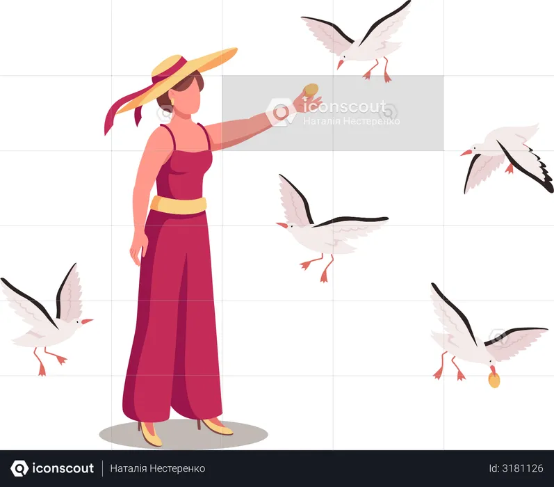 Lady surrounded by soaring seagulls  Illustration