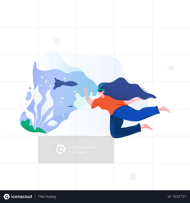 Lady taking scuba diving experience with virtual reality technology  Illustration