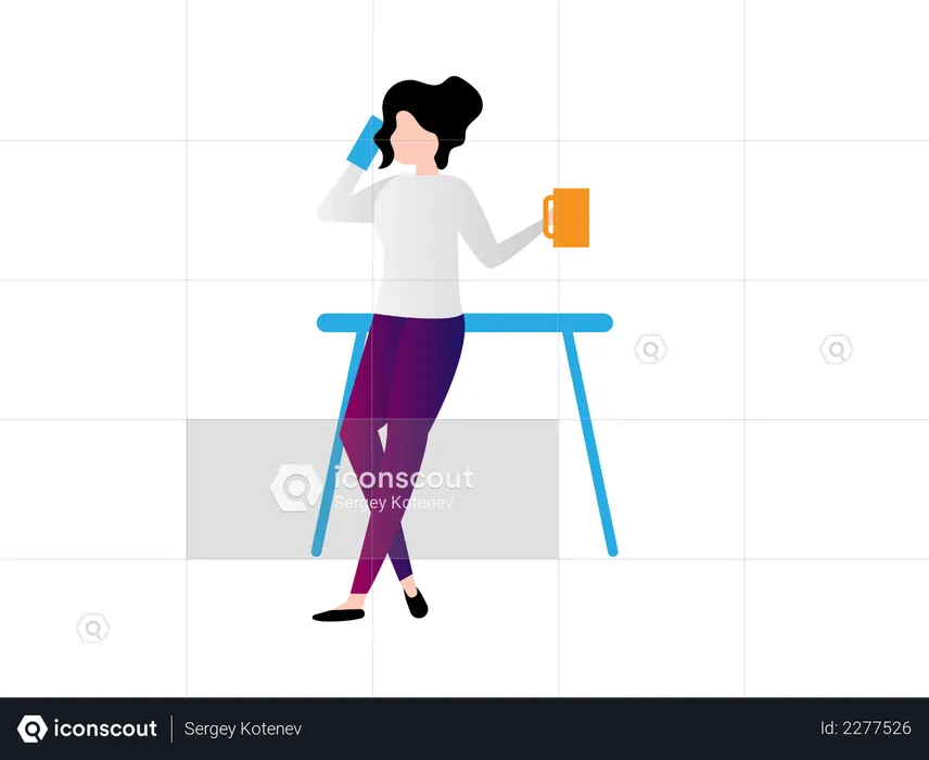 Lady talking on phone holding coffee cup in lunch break  Illustration
