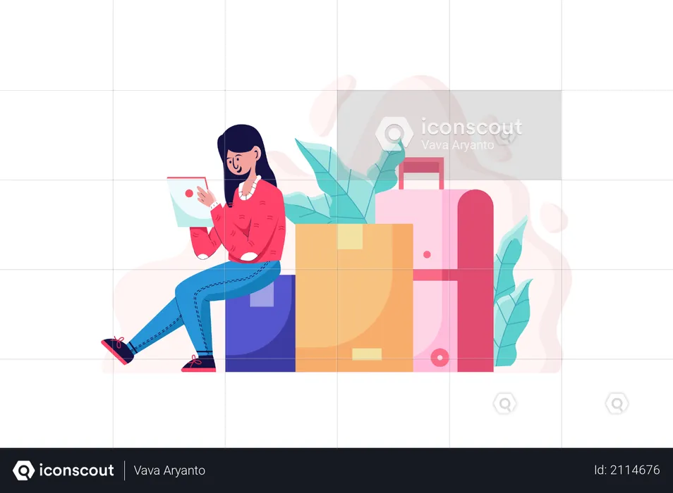 Lady with luggage and holding a list of travel places  Illustration