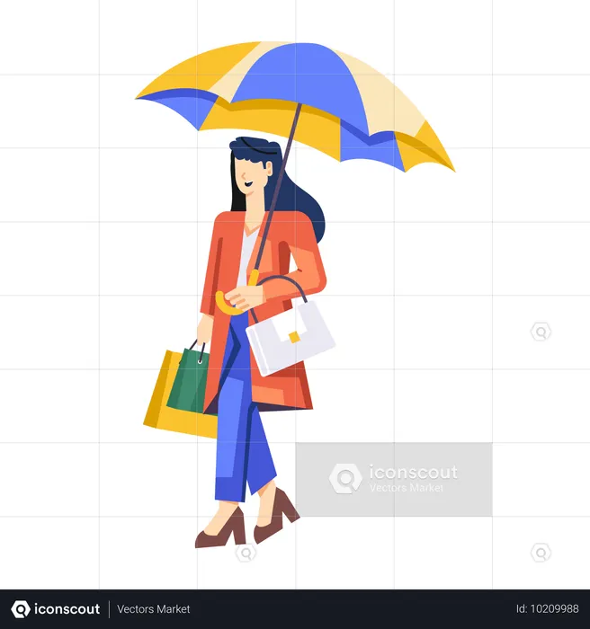 Lady with umbrella and shopping bag  Illustration