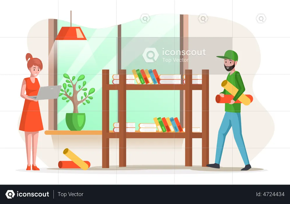Lady working and boy with mattress at home  Illustration