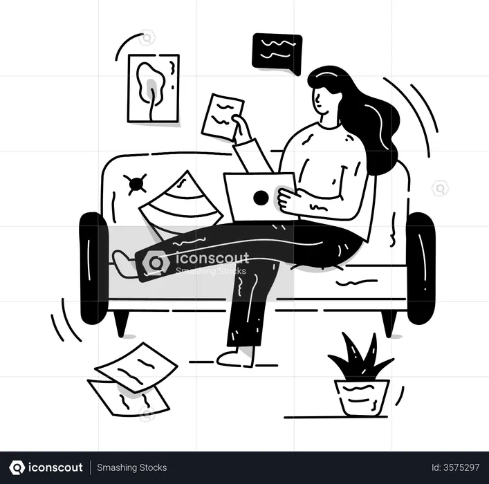 Lady working from home comfortably  Illustration
