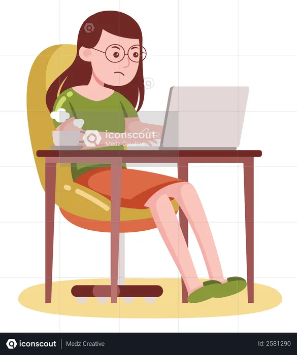 Lady working on laptop at home desk  Illustration