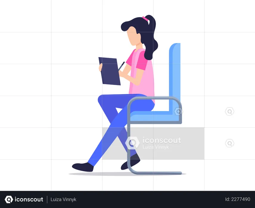 Lady writing on pad with pencil while seating on chair  Illustration