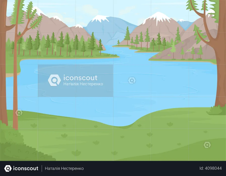 Lake surrounded by snow capped mountains  Illustration