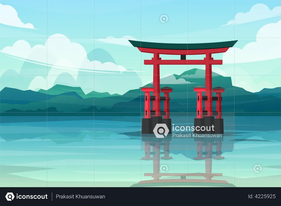Lakefront with torii gates in japan  Illustration