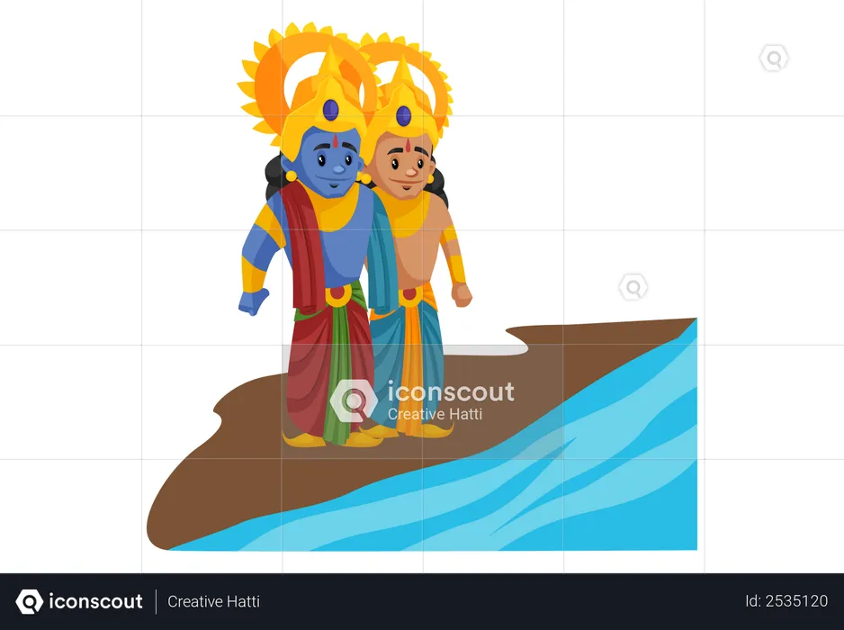 Lakshmana and Lord Ram standing at beach  Illustration