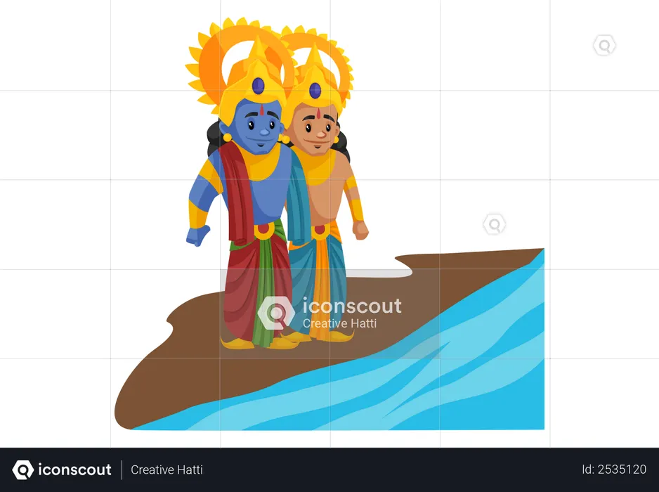 Lakshmana y Lord Ram parados en la playa  Ilustración