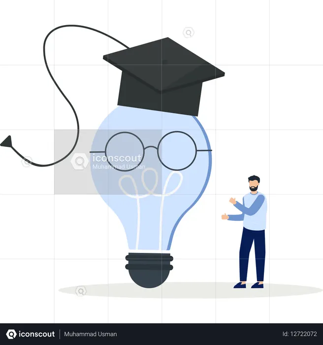 Lâmpada com chapéu de formatura e homem apresentando conhecimento e aprendizado  Ilustração