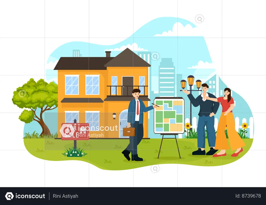 Land Broker showing property to couple  Illustration