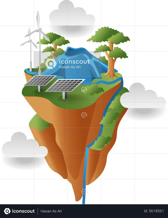 Land with solar panel and windmill energy  Illustration