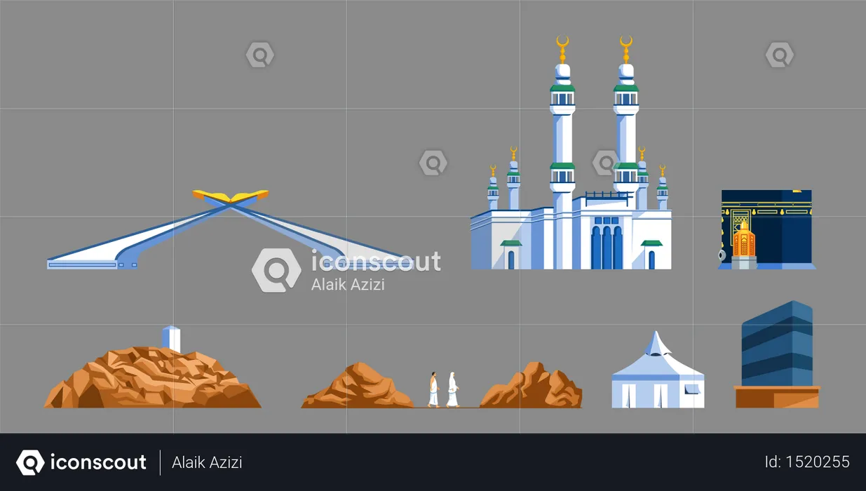 メッカの門とハッジ巡礼者の進行儀式のランドマーク的なフラット アイコン。  イラスト