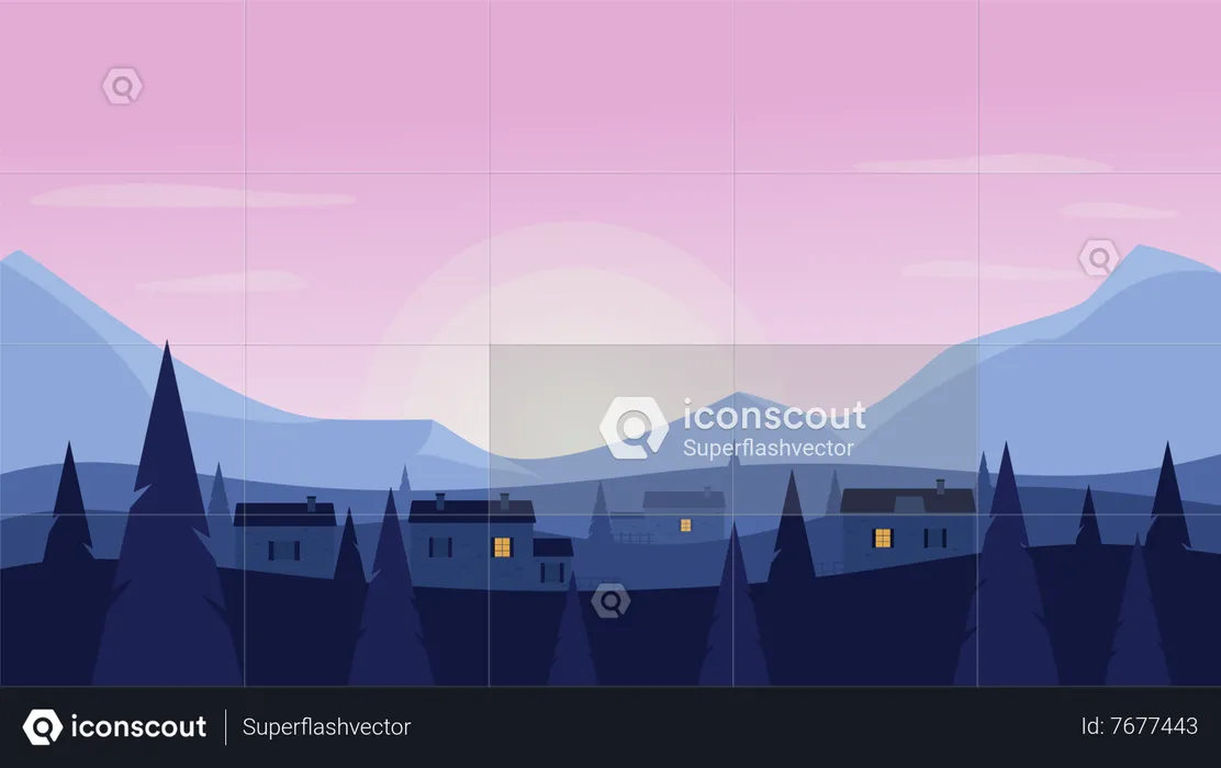 Landscape Mountains Town  Illustration