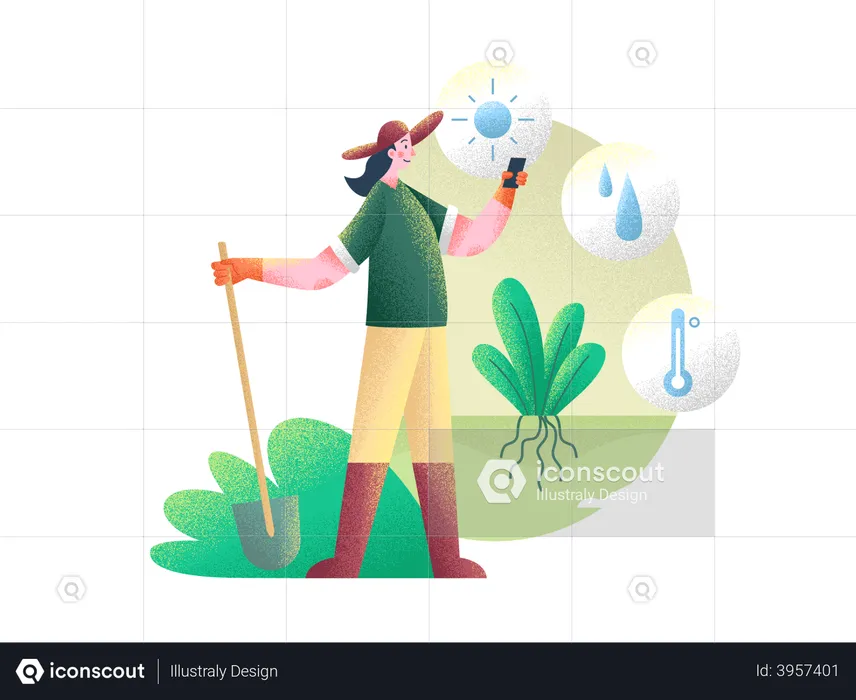 Landwirt nutzt moderne Technologie, um landwirtschaftliche Bedingungen zu kennen  Illustration