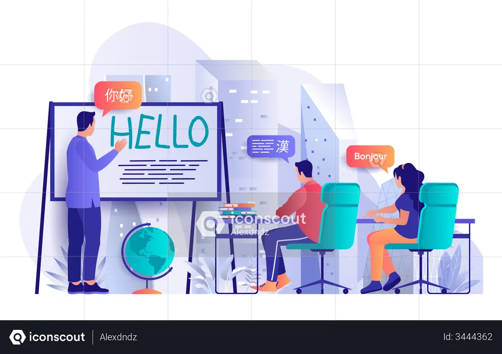 Language courses concept in flat design. Students learn foreign languages scene template. Man and woman study together in classroom, speak club. Vector illustration of people characters activities  Illustration