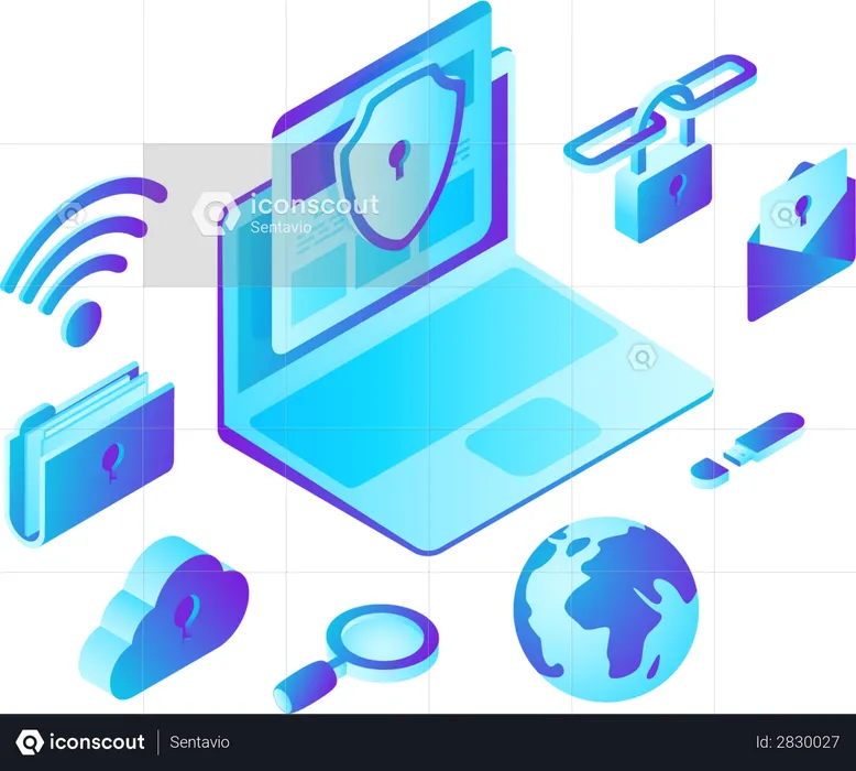 Laptop Computer with Cloud Folder Security  Illustration