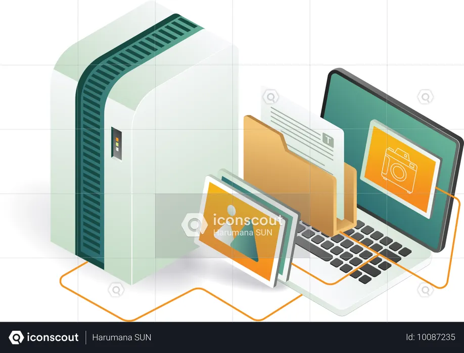 Laptop connected to server with folder data  Illustration