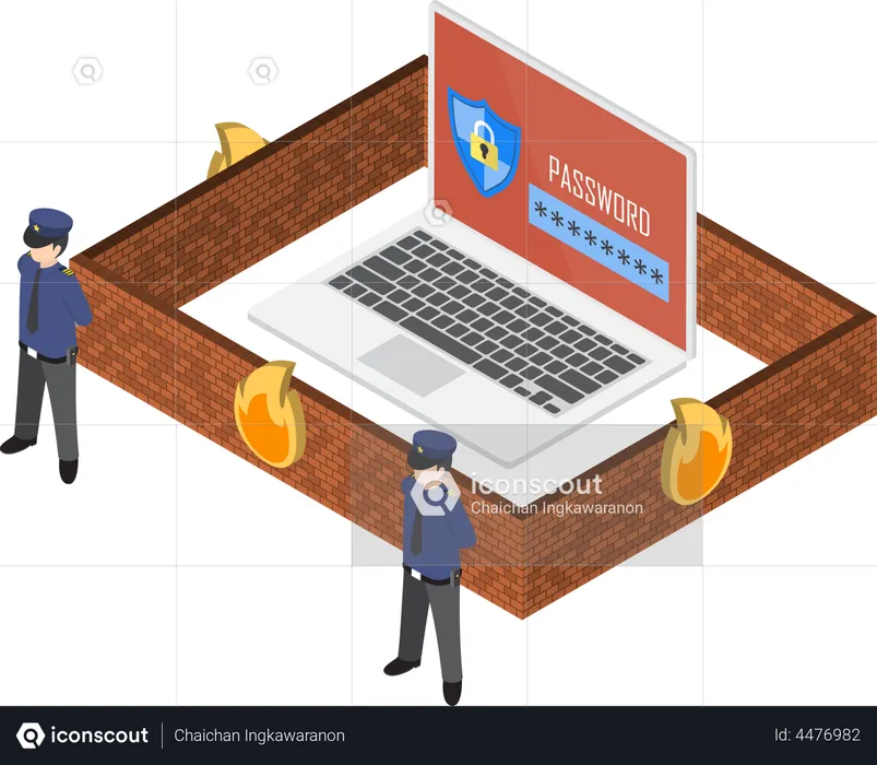 Laptop protected by firewall  Illustration
