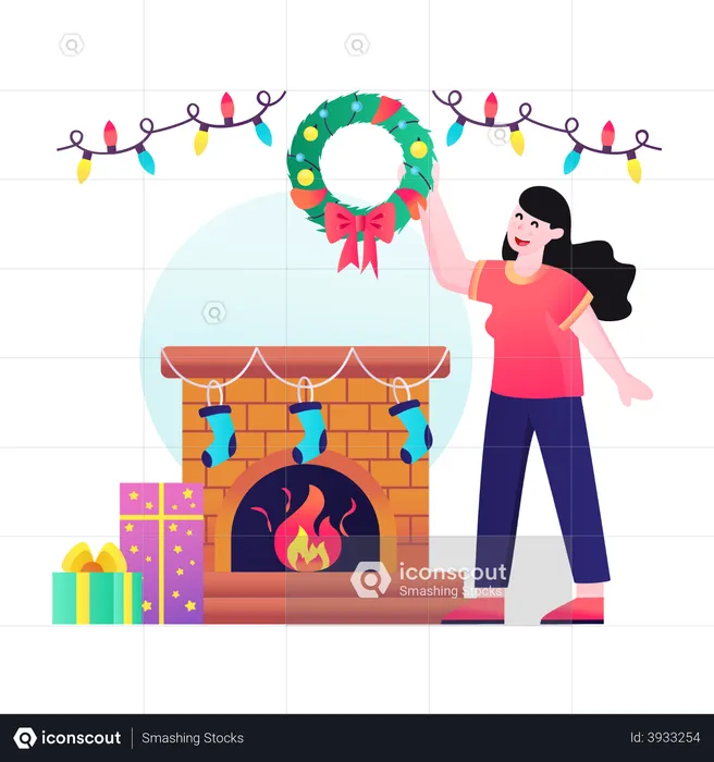 Lareira de natal decorada com meias  Ilustração