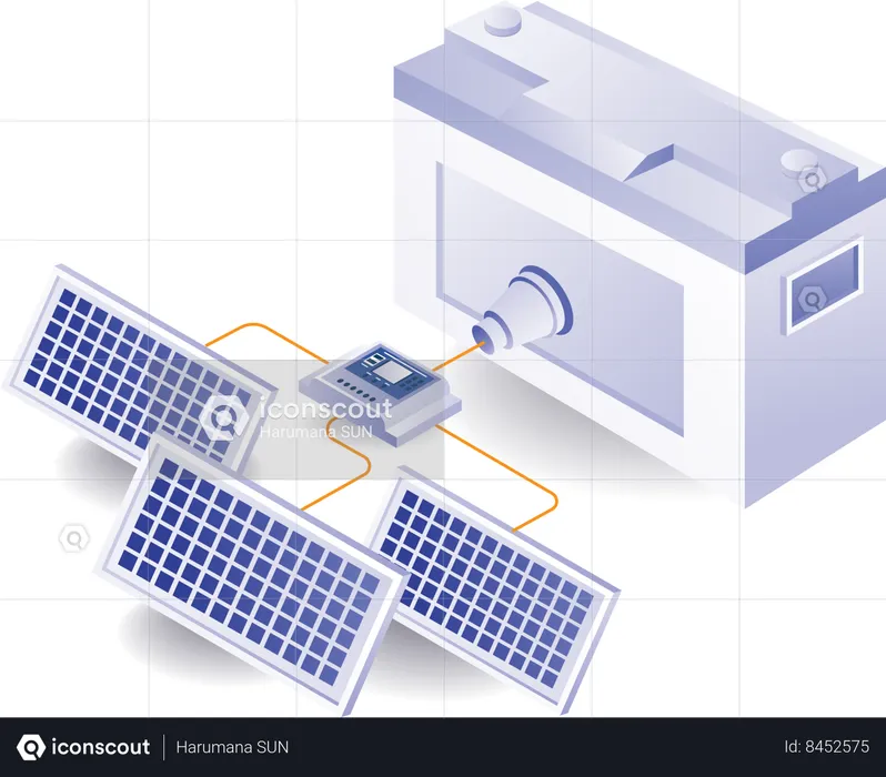 Large battery network to store solar panel energy  Illustration