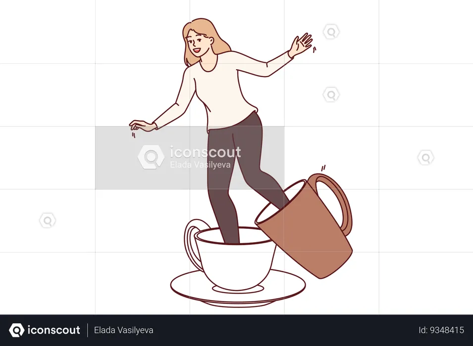 Large coffee cups on legs of girl experiencing discomfort due to caffeine addiction  Illustration