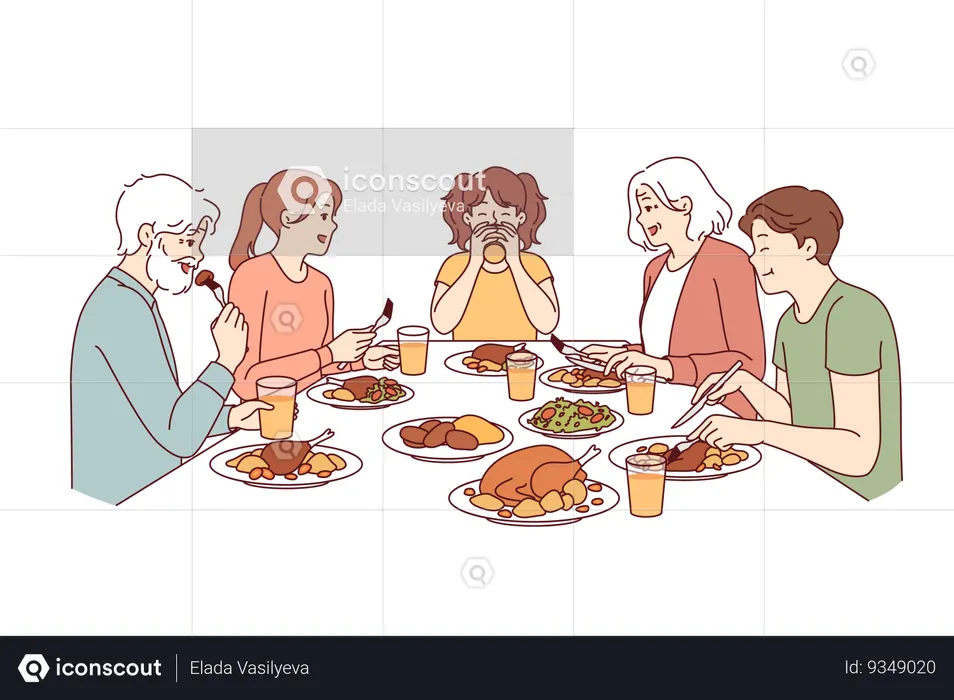 Large family has dinner together after completing religious fast sitting around table with food  Illustration