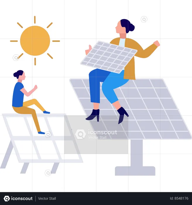 Las niñas hablan de ahorrar energía solar.  Ilustración