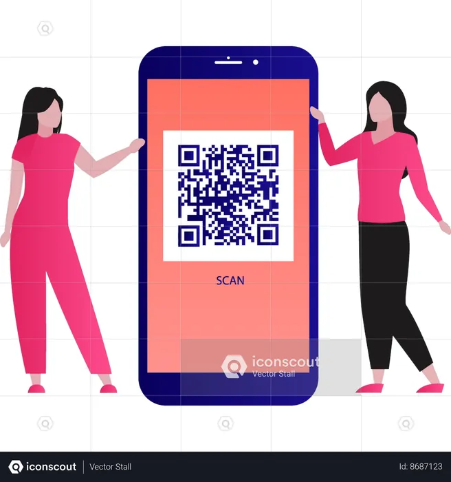 Las chicas hablan del código QR en el teléfono inteligente.  Ilustración