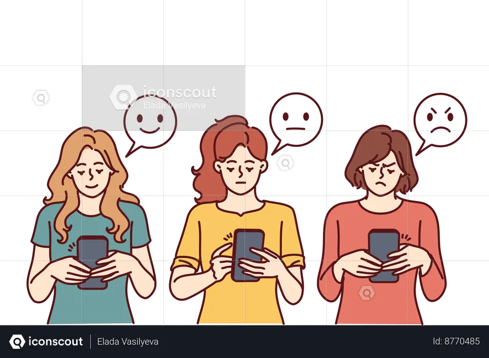 Las mujeres están charlando por teléfono con diferentes emojis.  Ilustración