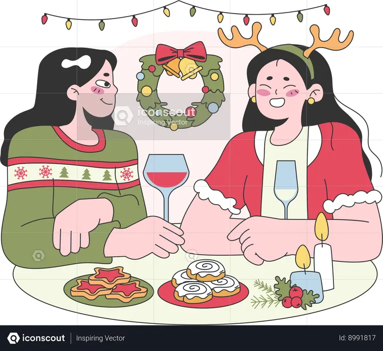 Las chicas disfrutan de la fiesta de Navidad.  Ilustración