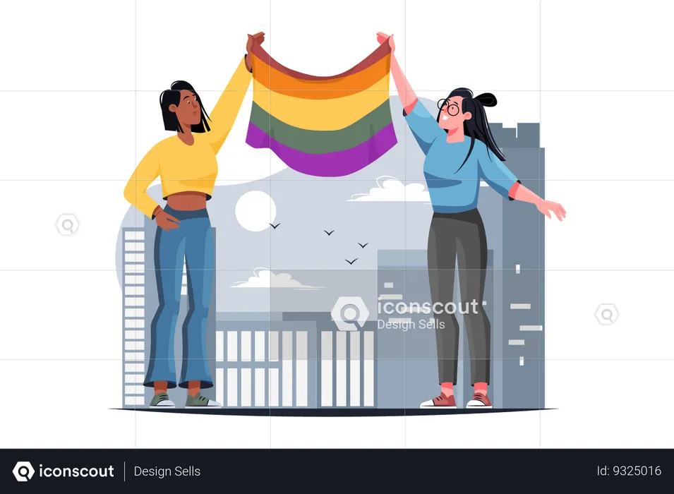 Las niñas sostienen la bandera LGBT porque apoyan esta cultura.  Ilustración