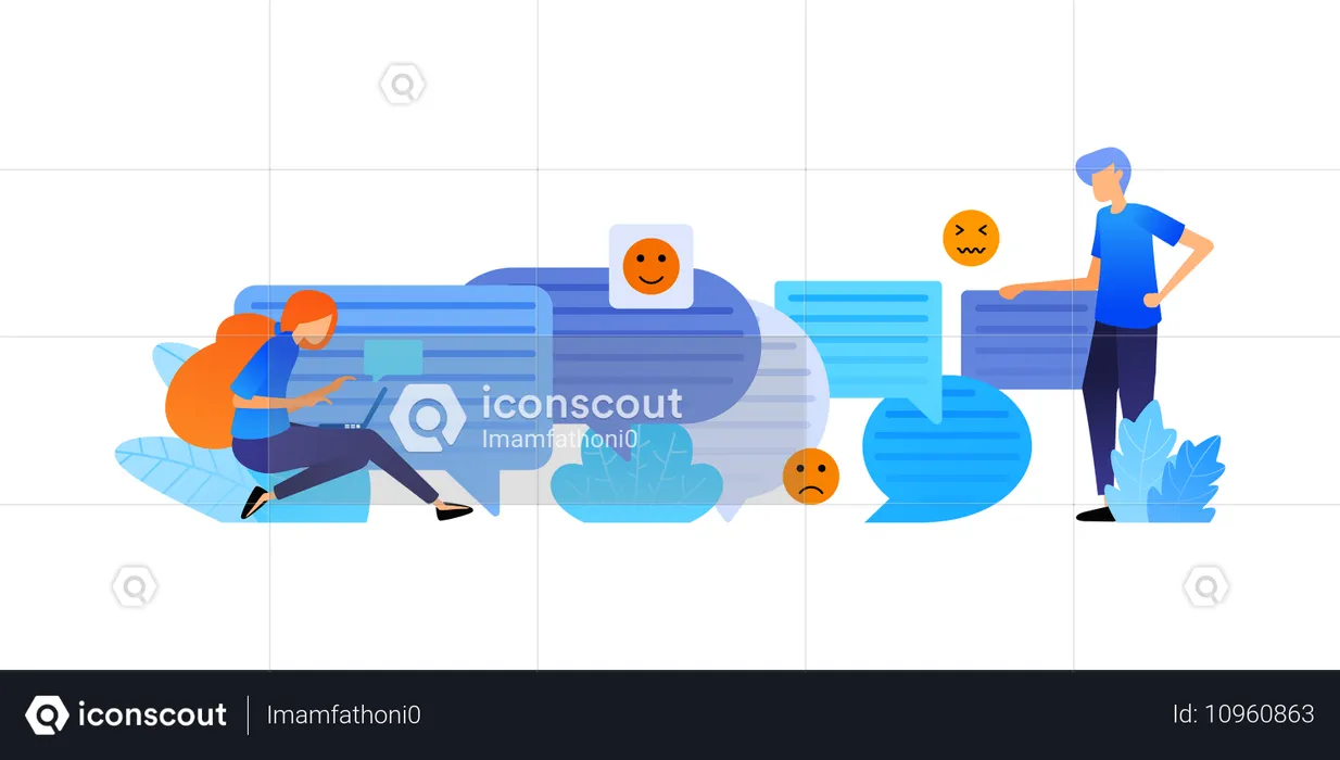 Las personas conversan entre sí con emoticones de chat de burbujas para hablar y comunicarse.  Ilustración