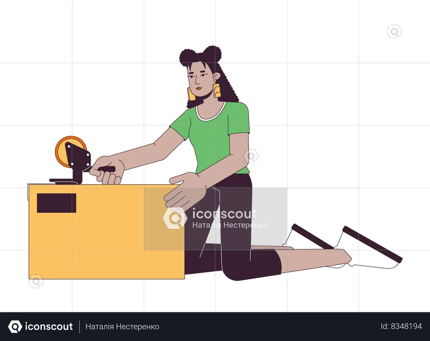 Latina woman packing box with shipping tape  Illustration