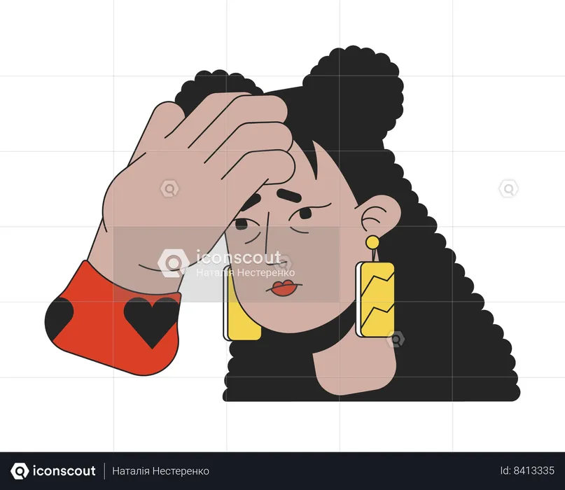 Latina woman touching forehead for fever check  Illustration