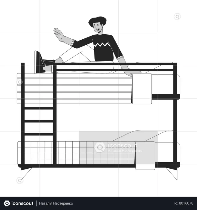 Latino man sitting up in bunk bed  Illustration
