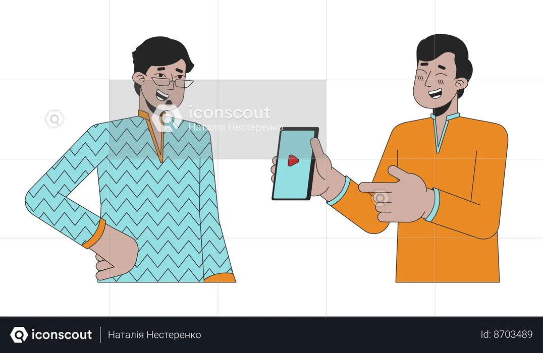 Laughing indian man pointing on phone to friend  Illustration