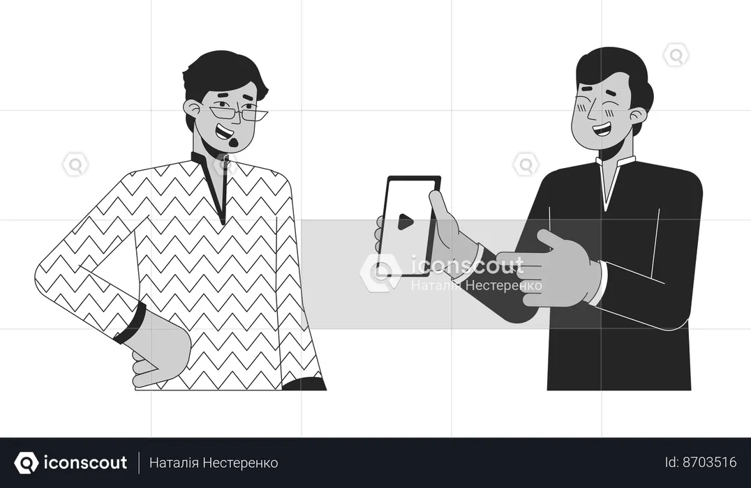 Laughing indian man pointing on phone to friend  Illustration