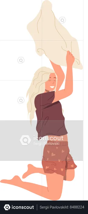 Laughing teenage girl standing on knee with raised pillow  Illustration