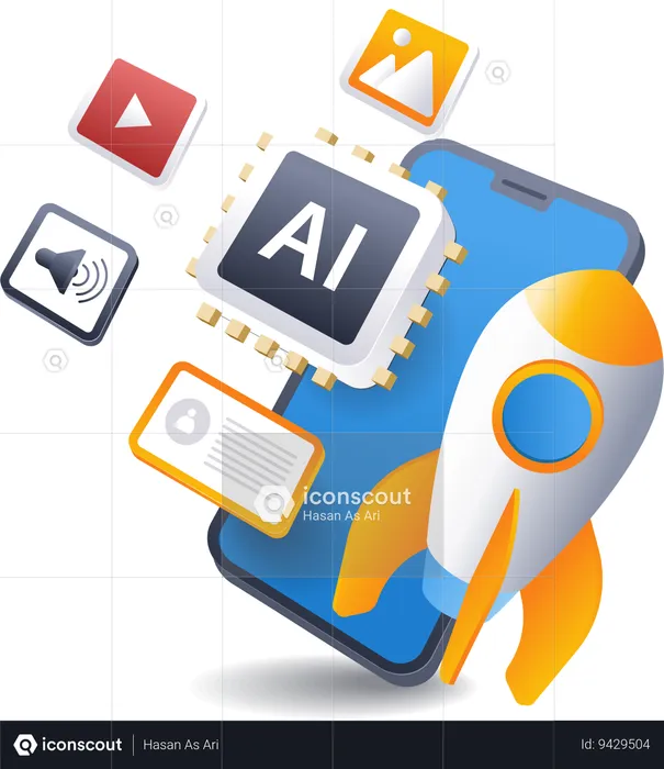 Launching smartphone artificial intelligence application  Illustration