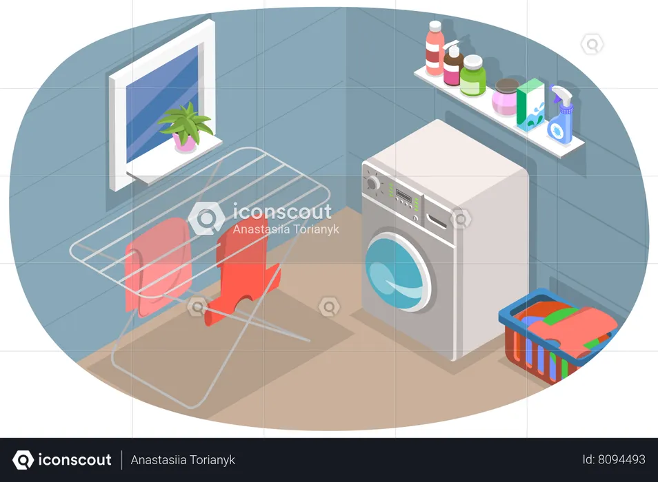 Laundry Room Interior, Household scene with Washing Machine and other Laundry Stuff  Illustration