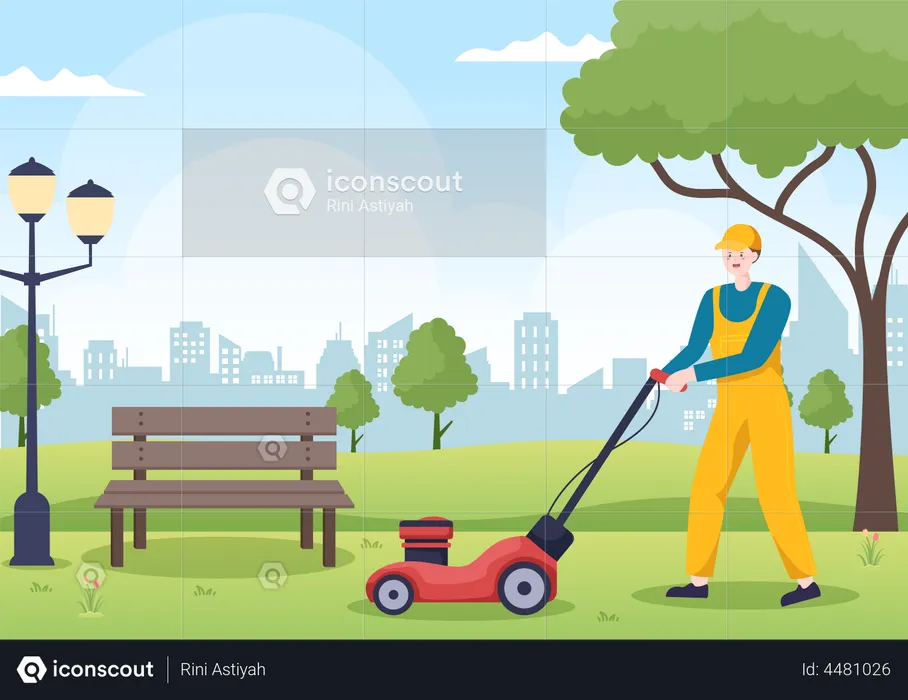 Lawn Mower Cutting Green Grass in park  Illustration