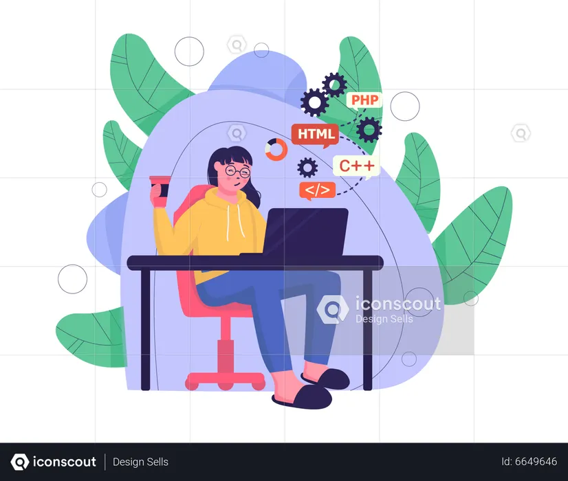 Lazy female programmer doing web development  Illustration
