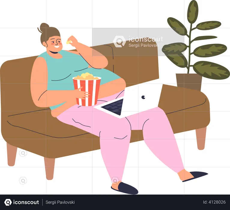 Lazy woman eating popcorn while watching movie  Illustration