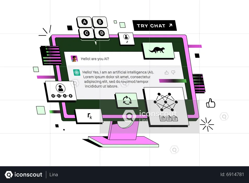 Le Chatbot s'affiche sur l'ordinateur. Le réseau neuronal génère du texte  Illustration