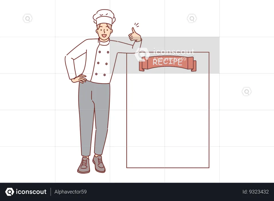 Le chef du restaurant se tient près d'une feuille de recette vierge et montre le pouce en l'air en signe d'approbation du menu  Illustration