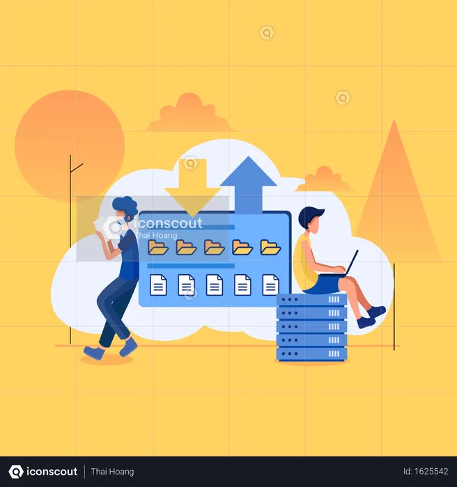 Le concept de fichiers et de dossiers est transféré via un serveur cloud  Illustration